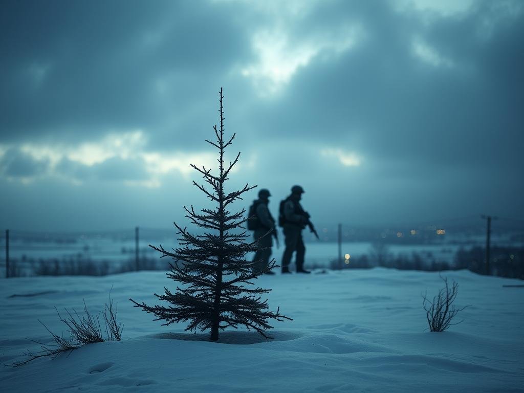 A somber winter landscape illustrating the theme of conflict overshadowing the holiday spirit. In the foreground, a barren Christmas tree stands alone, its branches devoid of decorations, symbolizing lost hope. Midway, silhouettes of armed soldiers are seen, clad in military fatigue, standing watch near a snow-covered border, their expressions serious and vigilant. The background features a gray sky, heavy with clouds, hinting at impending snow, while distant city lights suggest a community preparing for festivities yet facing turmoil. Soft, diffused lighting casts a somber glow, evoking a sense of unease. The image conveys a stark contrast between the holiday season and the grim reality of conflict, highlighting the unlikeliness of peace this Christmas.