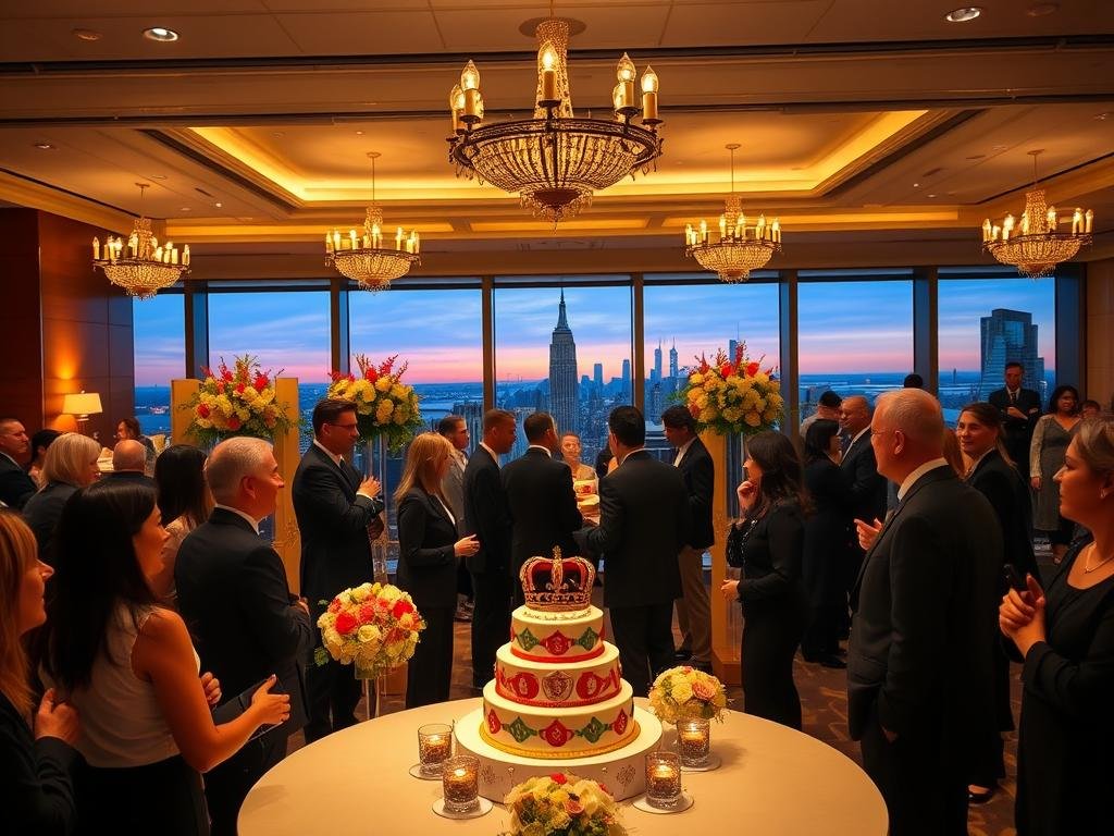 A sophisticated gathering at the JPMorgan headquarters in New York City, showcasing key guests and notable attendees celebrating King Charles III’s birthday. In the foreground, elegantly dressed individuals in professional business attire engage in conversation, capturing the essence of a high-profile event. The middle ground features a lavishly decorated venue with tasteful floral arrangements and ambient golden lighting, highlighting a grand cake adorned with royal motifs. In the background, large windows reveal a view of the NYC skyline during the evening, with soft twilight hues painting the scene. The atmosphere is lively yet refined, exuding a sense of celebration and honor. The composition should utilize a warm, inviting color palette, with focus on the interactions of the attendees, captured from a slightly elevated angle to emphasize the grandeur of the event.