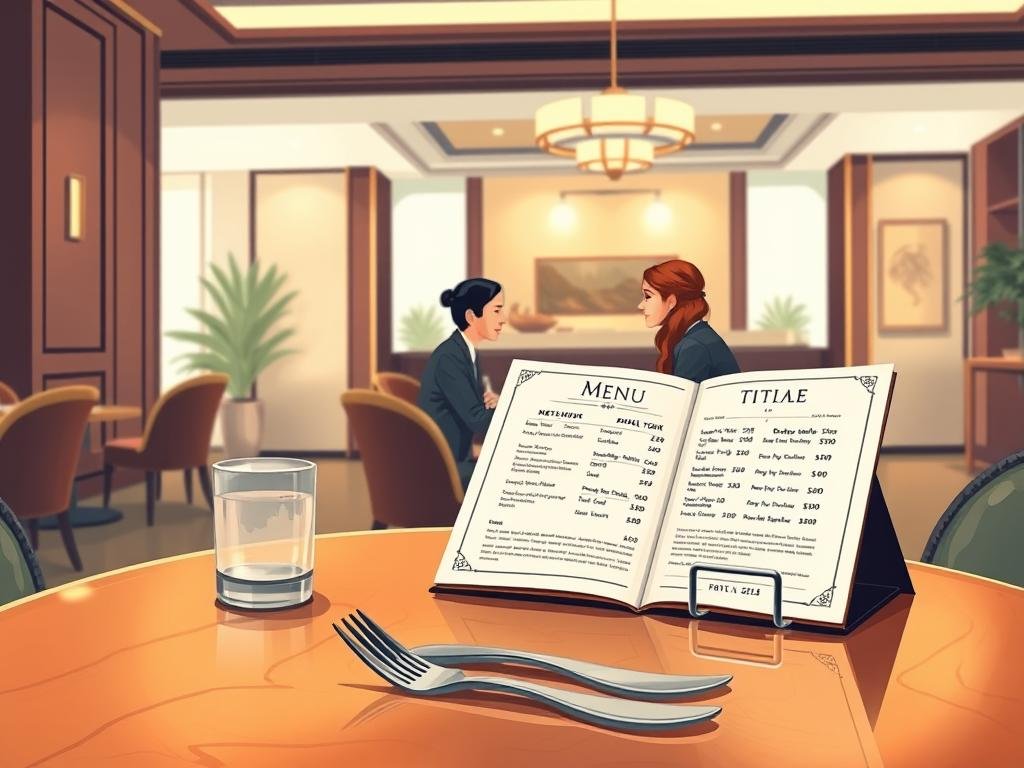 A sophisticated illustration depicting the intricate relationship between inflation, menu updates, and hotel pricing affecting travel expenses. In the foreground, a polished wooden table holds an elegant menu displaying fluctuating prices for various dishes, highlighting the impact of inflation in a classy New York restaurant setting. In the middle ground, a well-dressed couple converses over a meal, displaying expressions of curiosity and concern as they review the menu. The background features a luxurious hotel lobby, subtly indicating rising room rates with modern decor and an upscale atmosphere. Soft, warm lighting enhances the inviting feel while hinting at the financial reality of travel in 2025. The composition captures a blend of warmth and tension, reflecting the mood of navigating costs while planning a trip.