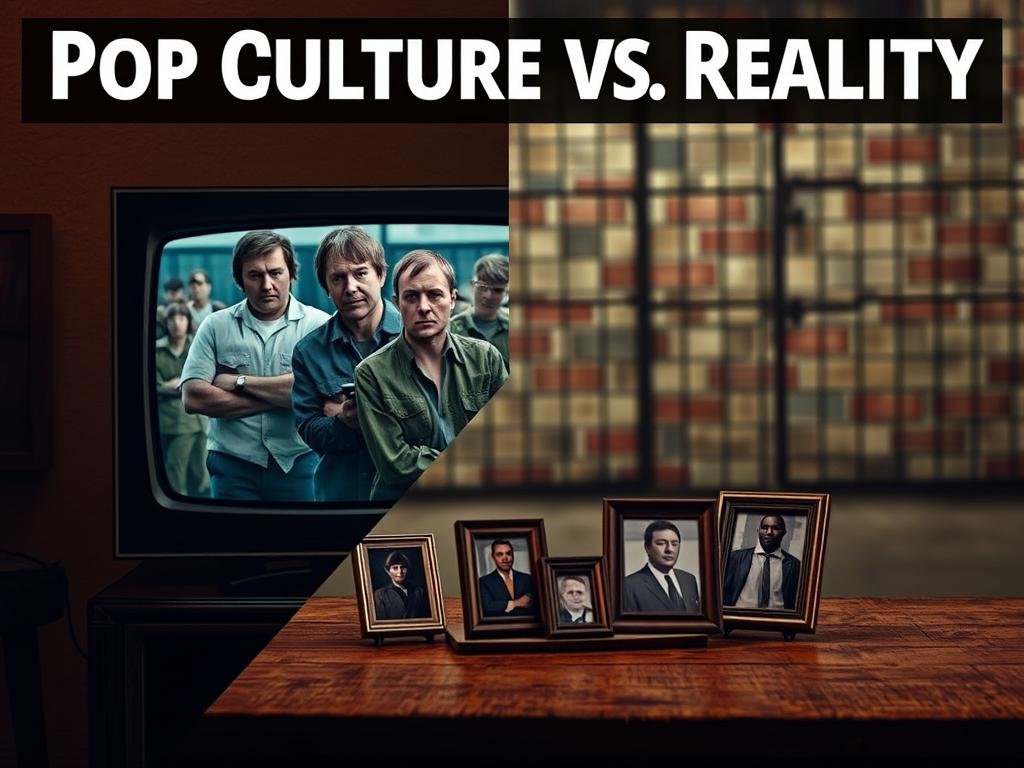 A split-scene depiction illustrating the theme "Pop Culture vs. Reality: Escape at Dannemora." In the foreground, an artistically rendered television set displaying a dramatized scene from the series "Escape at Dannemora," featuring actors in tense poses, dressed in realistic prison attire, with dramatic lighting emphasizing their expressions. In the middle ground, contrasting with the television, small framed photographs of real-life figures involved in the case are arranged on a rustic table, showcasing a somber, more genuine atmosphere. In the background, a blurred image of the actual Dannemora prison walls, emphasizing the stark reality. Use warm, muted colors for realism and cooler tones for the pop culture elements, creating a reflective mood that invites contemplation on truth versus dramatization. The angle should be slightly tilted to enhance the tension in the composition.