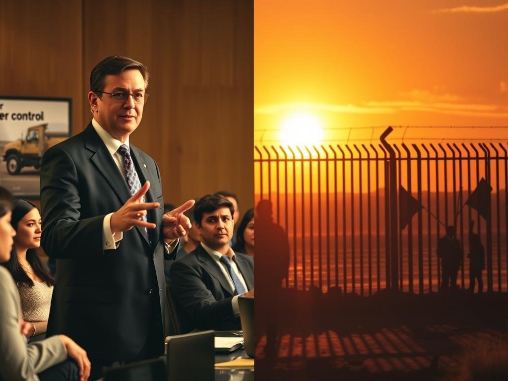 A split scene reflecting the tension of border politics: on the left, a professional man in a suit, representing a politician, gestures passionately during a meeting with a group of diverse individuals in business attire, symbolizing various perspectives on immigration. On the right, a stark, vivid depiction of a border fence against a sunset backdrop, with shadows cast dramatically to enhance the feeling of division and conflict. Include elements such as a "border control" sign in the background and vague silhouettes of protestors in the distance, conveying a sense of urgency. Use warm, intense lighting to evoke strong emotions and focus on the faces and body language of the subjects, shot from a slightly elevated angle to capture both the meeting and the looming border issue, creating an atmosphere of tension and hope intertwined.