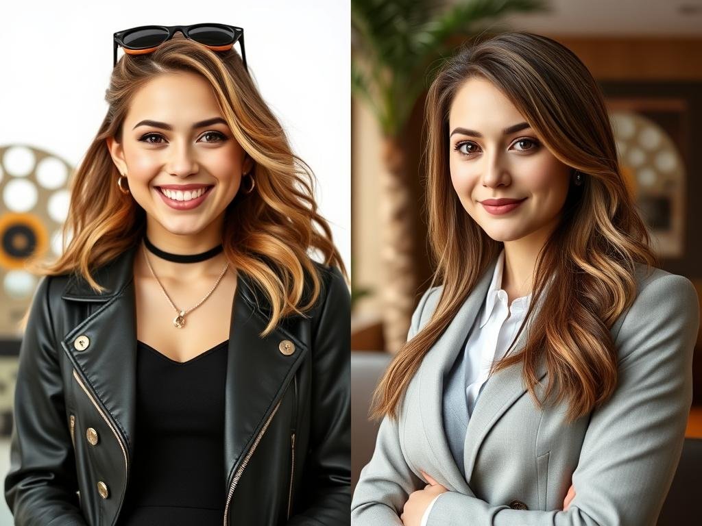 A split-screen image showing Amanda Bynes through different stages of her life. On the left side, depict Amanda as a young actress, showcasing her vibrant energy during her early career years, wearing a stylish 2000s-era outfit with a bright smile. On the right side, illustrate her current self in a more mature setting, dressed in professional business attire, displaying a calm and confident demeanor. Use soft, natural lighting to create an inviting atmosphere, and position the subjects at a slight angle to capture their personalities. In the background, include subtle hints of Hollywood symbols, like film reels or palm trees, to enhance the contrast of her past and present while maintaining a warm, inspirational mood.