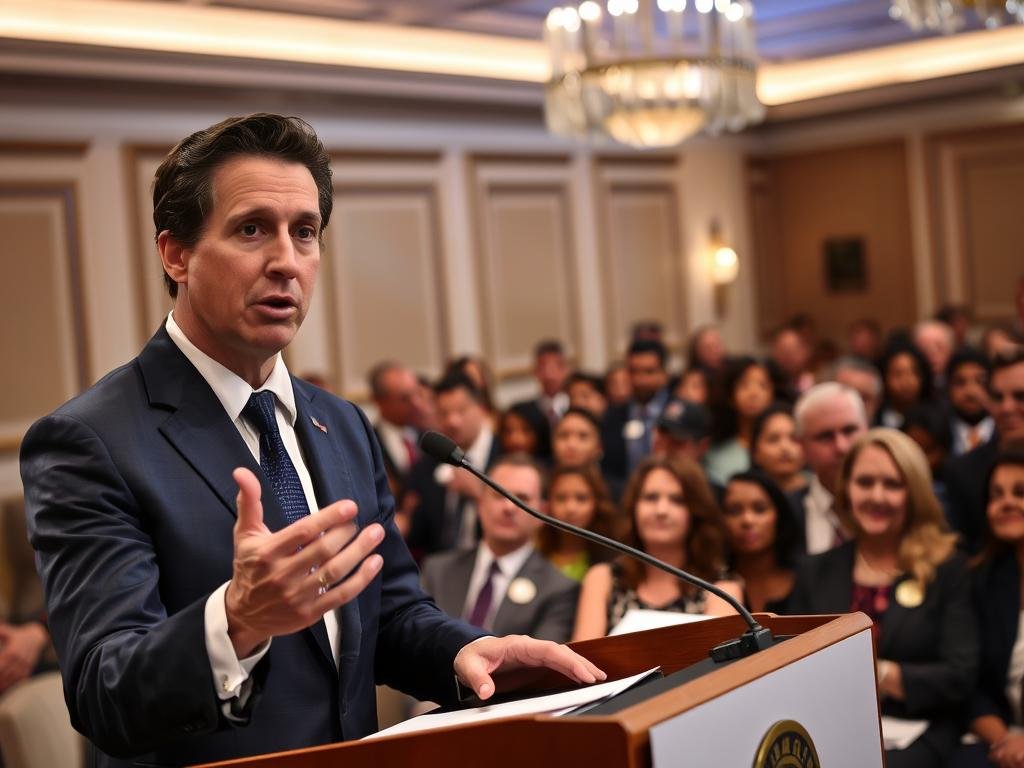 A stern yet composed Gov. Gavin Newsom stands confidently at a podium, holding a microphone, addressing a crowd at a prestigious event. He wears a tailored navy suit and a crisp white shirt, exuding professionalism and authority. In the foreground, a close-up shot captures his expressive gestures and the focused intensity of his speech. The middle ground features an audience of diverse individuals, all dressed in business attire, attentively listening, some taking notes. The background reveals a tastefully decorated event hall with soft, ambient lighting, highlighting the atmosphere of seriousness and engagement. The overall mood is one of determination and leadership, showcasing Newsom's thoughtful response amidst a moment of controversy.
