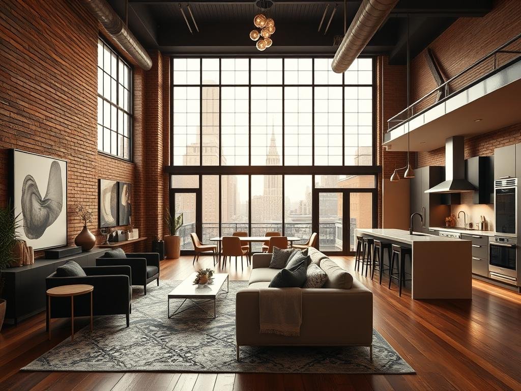 A stunning luxury condo interior in a Tribeca warehouse conversion, showcasing high ceilings with exposed brick walls and large industrial windows letting in bright, natural light. The foreground features sleek, modern furniture in a spacious living area, adorned with elegant art pieces and a stylish rug. A contemporary kitchen with premium appliances and an open layout seamlessly blends into the dining space. In the background, the warm glow of city lights filters through the glass windows, creating an inviting atmosphere. The image should capture a sense of sophistication and comfort, emphasizing the rich textures and upscale design elements. Use a soft focus lens effect, with a warm color palette to evoke a cozy yet luxurious feeling, ensuring no human subjects are present.