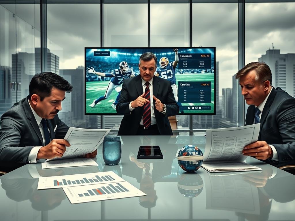 A tense boardroom scene reflecting reputational risk, featuring three professionals in business attire gathered around a sleek conference table. The foreground focuses on a worried executive, looking stressed while reviewing documents with visible charts showing declining trends. In the middle, another executive gestures emphatically, pointing towards a large screen displaying images of football players and stats, emphasizing the stakes involved. The background subtly illustrates high-rise buildings through glass windows, with cloudy weather creating a somber atmosphere. Dramatic lighting casts shadows, highlighting the executives' contemplative expressions and the weight of their decisions. The mood is serious, underscoring the pressure of reputation in sports and business intertwined.