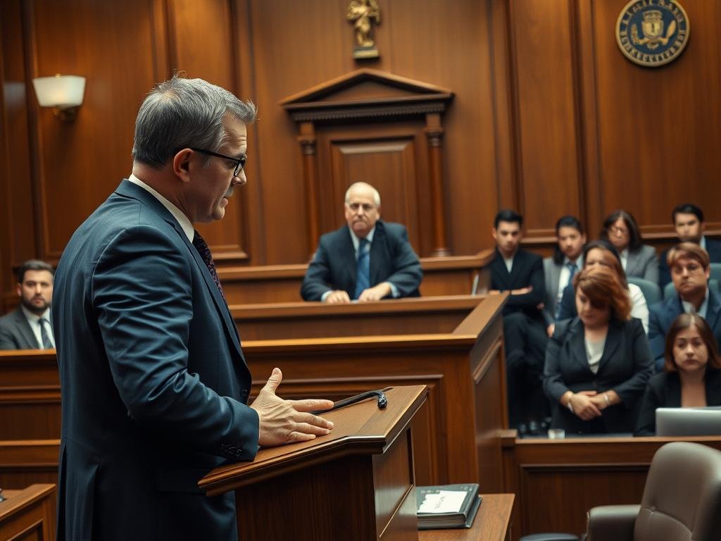 A tense courtroom scene capturing the intense atmosphere during a high-profile trial. In the foreground, a determined prosecution attorney, dressed in a sharp navy suit, stands confidently at the podium, gesturing passionately as they present their case. A key star witness, a middle-aged person in professional attire, sits on the witness stand, looking both nervous and resolute while being questioned. In the middle ground, a judge in a black robe observes attentively, while jurors, a diverse group, listen intently. The background features wooden paneling and legal symbols, with soft lighting highlighting the main subjects, creating a dramatic contrast. The angle is slightly elevated, providing a comprehensive view of the courtroom dynamics. Overall, the mood is serious and charged with anticipation.