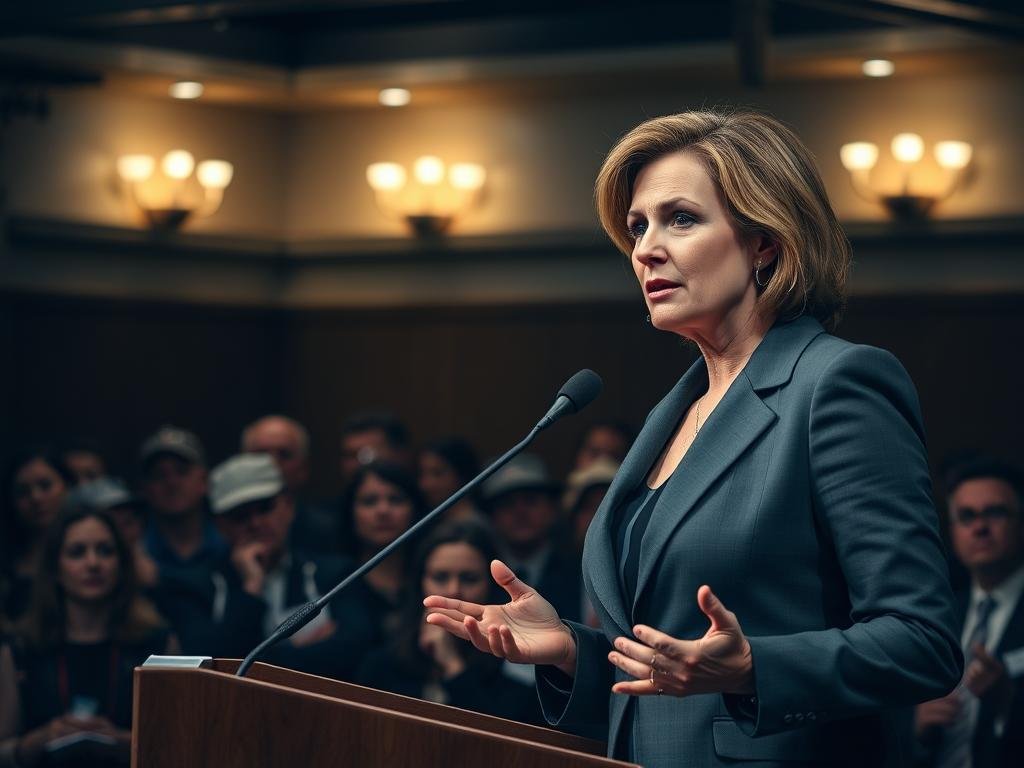 A tense scene capturing Jen Schmitt standing confidently at a podium, passionately addressing an audience about her accusations against Jordon Hudson. In the foreground, Jen Schmitt is depicted in a tailored business suit, her expression intense and focused, with a microphone in front of her. The middle ground features a captivated audience, reflecting a mix of curiosity and concern, some with notepads, jotting down notes. The background consists of dimly lit room interiors, subtly highlighting the seriousness of the moment. Soft spotlighting emphasizes Jen, illuminating her gestures. The atmosphere is charged with emotion, embodying a blend of determination and tension, suited for a high-stakes public discussion on accusations.