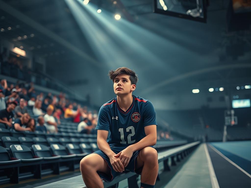 A thoughtful young athlete sits on a bench in an empty sports arena, dressed in a professional team jersey and shorts, reflecting on the intensity of recent fan interactions. In the foreground, the athlete's expression conveys a mix of determination and vulnerability. The middle ground features the blurred outlines of cheering fans in the stands, showcasing a bustling environment, while the background remains subdued with ambient lighting that creates a somber yet focused atmosphere. Soft beams of light cascade from above, highlighting the athlete’s contemplative state. The overall mood is introspective, capturing the psychological impact of external pressures in sports. The focus should be sharp on the athlete, suggesting the weight of expectations and emotional challenges faced by players.