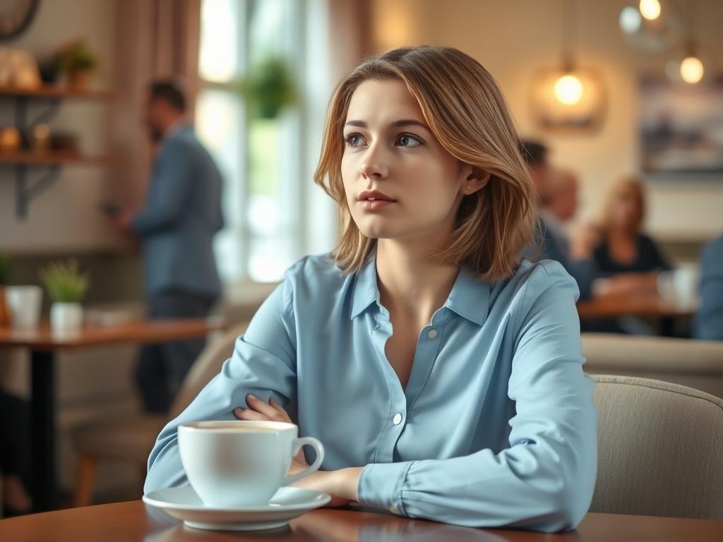 A thoughtful young woman with light brown hair, dressed in a stylish yet professional light blue blouse and dark trousers, sits in a cozy, well-lit coffee shop, her expression contemplative. In the foreground, a steaming cup of coffee rests on the table beside her, symbolizing her grounded nature. In the middle ground, soft pastel tones create an inviting atmosphere, with gentle light streaming through a window, casting soft shadows. In the background, blurred outlines of people engaged in conversation, illustrating a bustling yet intimate environment. The overall mood conveys a sense of sincerity and introspection, hinting at her reluctance to engage in political discourse while remaining approachable and relatable. The composition should utilize a warm color palette, emphasizing a sense of calm and warmth.