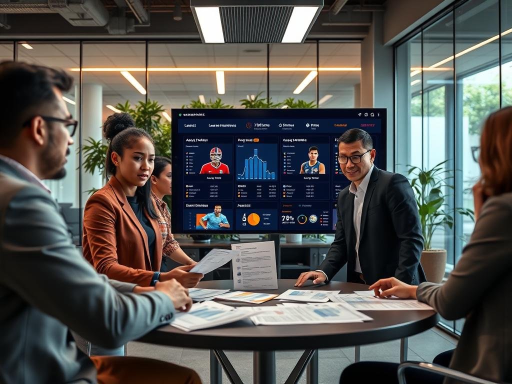A vibrant and dynamic scene featuring a professional setting that illustrates "Clarifying common searches: names, ages, and teams." In the foreground, three diverse individuals in smart casual attire are engaged in a lively discussion around a round table filled with charts and documents. Each person is focused, with expressions of curiosity and collaboration. In the middle ground, a large digital screen displays infographics and statistics about athletes, including names, ages, and team affiliations, subtly illuminated with modern, sleek lighting. The background features a contemporary office space with glass walls, greenery, and soft ambient lighting, creating a welcoming atmosphere. The camera angle is slightly elevated, capturing the depth of interaction, while maintaining a warm, professional ambiance.