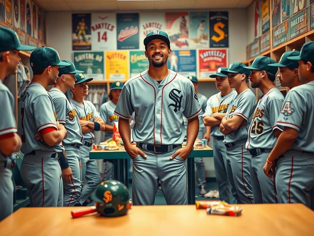 A vibrant, dynamic clubhouse scene showcasing a diverse mix of young baseball players gathered around a seasoned veteran player, Marcus Semien, who radiates leadership and positivity. In the foreground, Semien stands confidently, wearing a stylish team jersey and cap, engaging with the younger players, who are dressed in casual baseball attire. The middle ground features a table covered with baseball gear, snacks, and team memorabilia, fostering a sense of camaraderie. The background reveals a locker area filled with team jerseys and vibrant posters, with soft, warm lighting that creates an inviting atmosphere. The image captures the essence of mentorship and teamwork, emphasizing Semien’s role in inspiring the younger players to uphold veteran standards. The camera angle is slightly low, emphasizing the interactions while giving a sense of unity and motivation within the clubhouse.