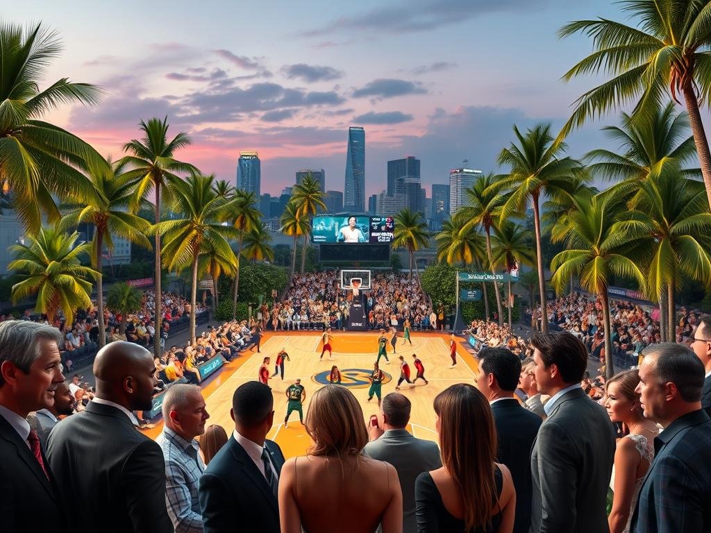 A vibrant, lively scene depicting a basketball court filled with lush palm trees and iconic LA skyline in the background. The foreground showcases a diverse group of well-dressed celebrities, including notable figures from the Los Angeles basketball scene, such as actors, former players, and sports personalities. They are engaged in enthusiastic conversation, wearing stylish casual attire or professional business clothing. The middle ground features the pulsating energy of a Lakers-Suns game in action, with fans cheering in the stands, showcasing team colors. Soft evening lighting bathes the court, creating a warm, inviting atmosphere. The angle captures dynamic perspectives from the court, emphasizing the excitement of the event while maintaining an elegant, vibrant mood essential to the LA hoops culture.