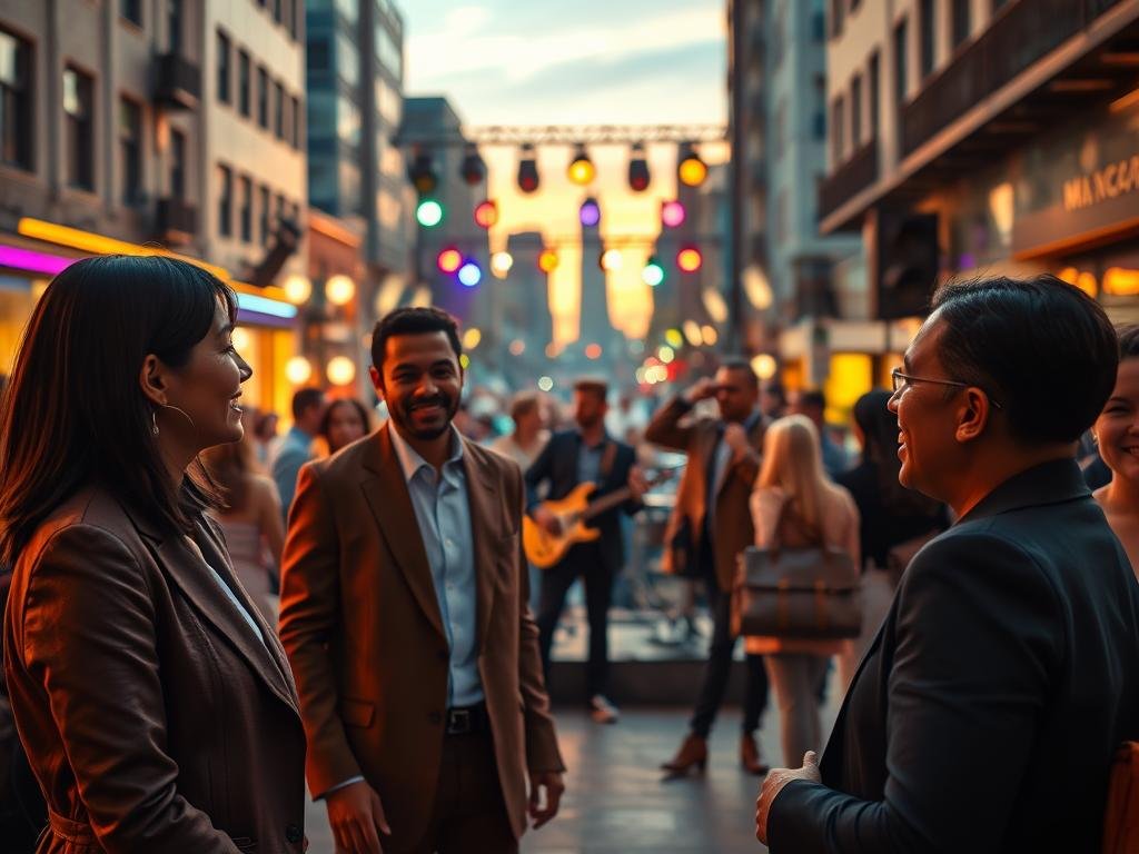 A vibrant music video set scene showing a well-lit urban backdrop, featuring a group of diverse individuals enjoying their time in a lively atmosphere. In the foreground, a pair of professionally dressed people engaging in conversation, embodying camaraderie. In the middle, colorful stage lights illuminate a band performing energetically, with musicians dressed in smart casual attire, adding a dynamic feel to the scene. The background captures a city skyline at sunset, with warm hues casting a golden glow over the bustling street. The mood is celebratory yet polished, conveying a blend of professionalism and fun, with an emphasis on community and off-duty leisure activities. Shot with a shallow depth of field to highlight the foreground interactions while softly blurring the lively crowd behind them, creating an inviting atmosphere.