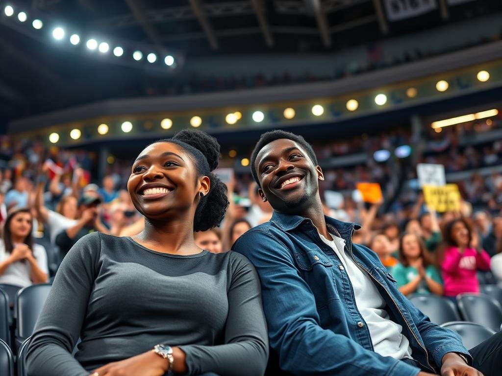 A vibrant scene capturing Simone Biles and her husband Jonathan Owens seated in the stands of an energetic sports arena. In the foreground, Simone, a dynamic African American woman with athletic build, is wearing a stylish yet modest casual outfit, showcasing her trademark smile. Beside her, Jonathan, a tall African American man dressed in a casual but fashionable outfit, gazes at her with pride and admiration. In the middle ground, excited fans are cheering with colorful banners and apparel supporting Simone. The background features a well-lit sports environment with bright lights illuminating the event, creating a lively atmosphere. The angle should be slightly upward, emphasizing the couple's joy amidst the crowd, capturing the essence of support and love. The mood is celebratory, showcasing togetherness and enthusiasm.