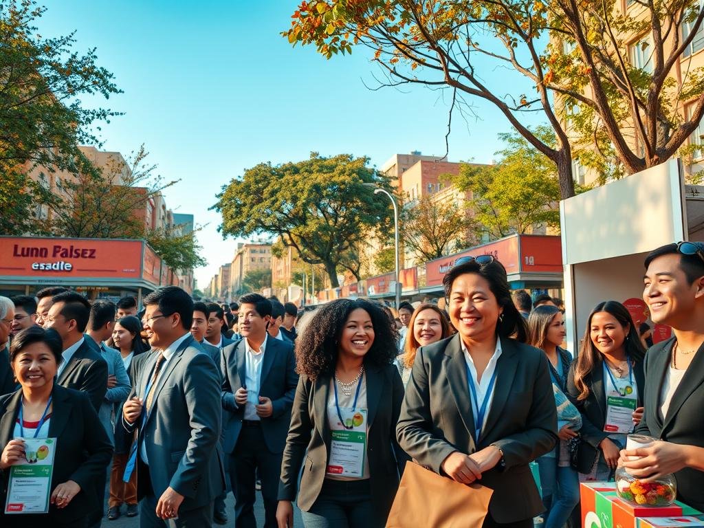 A vibrant scene capturing a street filled with community members engaged in competing fundraisers, reflecting a mix of emotions and reactions. In the foreground, diverse individuals in professional business attire enthusiastically promote their booths with colorful banners and donation jars. In the middle ground, onlookers exhibit various expressions from curiosity to support, creating a buzz of interaction. The background features a lively urban setting with trees and buildings, under a clear blue sky. Soft, warm lighting enhances the overall atmosphere, while a low-angle perspective provides a dynamic view of the bustling activity. The mood is energetic and hopeful, illustrating community engagement and the spirit of fundraising.