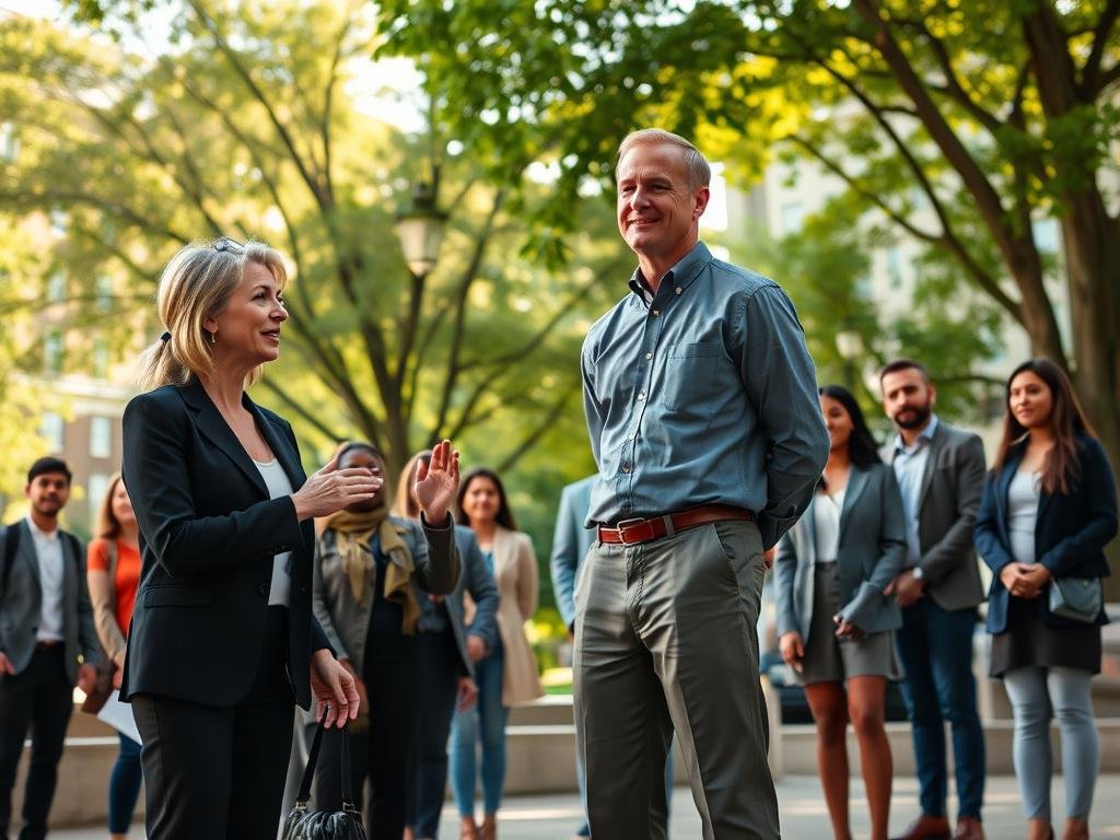 A vibrant scene capturing the family dynamics at the University of North Carolina (UNC) featuring Jen and Steve Belichick in a professional setting. In the foreground, depict Jen, a woman in her 30s, dressed in a smart blazer and trousers, engaged in a passionate discussion with animated expressions. Steve, a man in his early 40s, stands beside her, wearing a crisp button-up shirt and casual slacks, nodding in agreement while keeping a supportive stance. In the middle ground, a group of diverse students listens intently, reflecting a mix of backgrounds and interests, symbolizing unity and engagement. The background showcases the iconic UNC campus, with green trees and historic buildings bathed in warm afternoon sunlight, creating an inviting and hopeful atmosphere. The composition should be dynamic and focused, using a slightly low angle to elevate the figures and highlight their importance in relation to the surroundings.