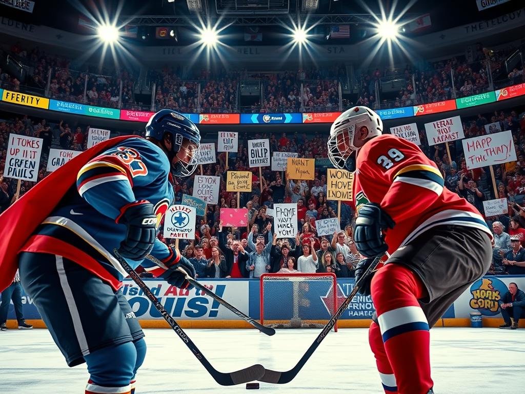 A vibrant scene of a hockey showdown, merging the worlds of popular culture. In the foreground, athletes dressed in colorful hockey uniforms, representing iconic pop culture characters, are engaged in an intense face-off. One player resembles a classic superhero, while the other has traits of a beloved animated character. In the middle ground, a cheering crowd holds up signs featuring famous catchphrases and logos from various pop culture franchises, creating an electrifying atmosphere. The background showcases a packed arena under dynamic spotlights, emphasizing the energy of the event. Use a slightly elevated angle to capture the full excitement of the scene. The lighting should enhance the dramatic tension, with subtle flares reflecting off the ice. The overall mood is celebratory, merging sportsmanship with fandom.
