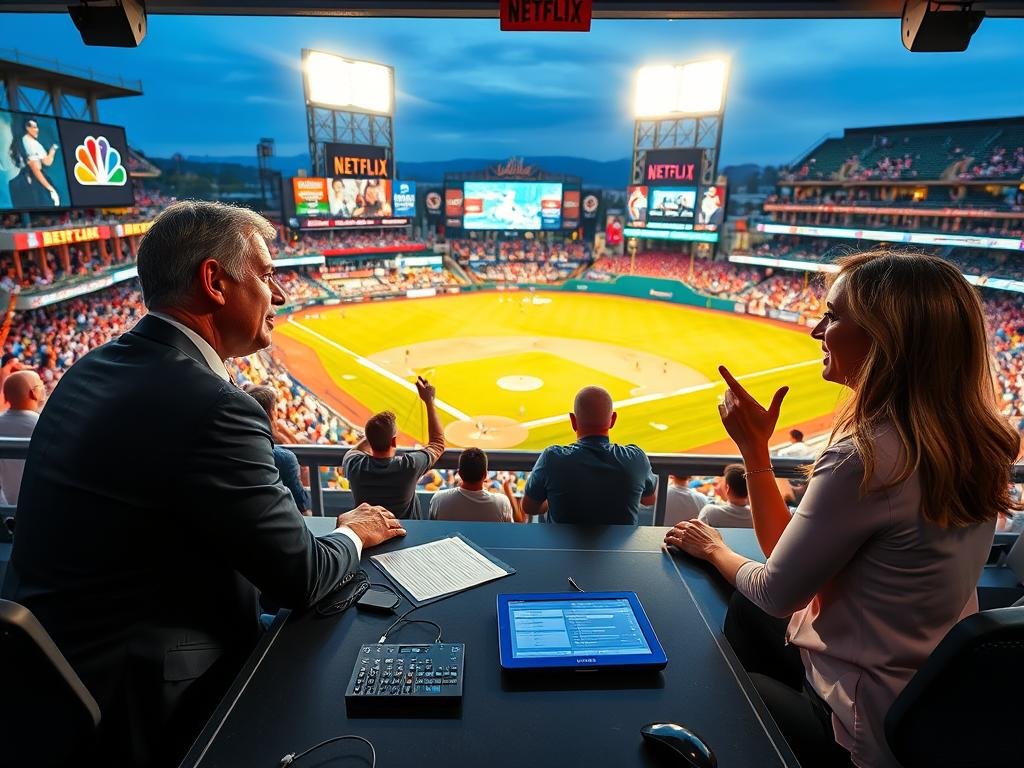 A vibrant scene of a modern baseball broadcast booth featuring hosts from NBC and Netflix set against the backdrop of a lively baseball stadium. In the foreground, a well-dressed male and female sportscaster discuss the game, surrounded by high-tech equipment and monitors displaying highlights. The middle ground showcases enthusiastic fans, holding foam fingers and cheering, with colorful banners and team logos. In the background, the baseball field is illuminated by bright stadium lights, showcasing players in action. The atmosphere is electric and engaging, with warm lighting that adds a lively, dynamic feel. The angle captures both the excitement of the game and the professionalism of the broadcasters, creating a compelling visual narrative without any text or distractions.