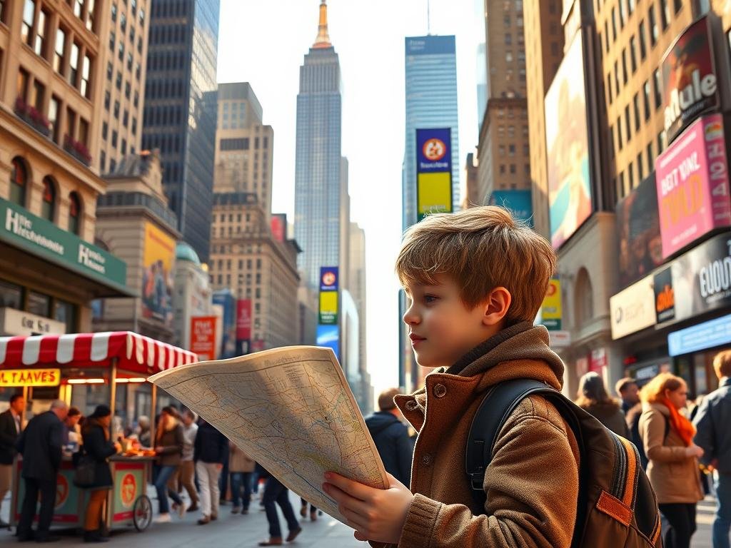 A vibrant street scene in modern-day New York City, illustrating Kevin McCallister’s reimagined itinerary. In the foreground, a young boy with tousled hair, dressed in a stylish winter coat and backpack, gazes at a map with excitement. The middle ground showcases iconic NYC landmarks like the Empire State Building, Central Park, and Times Square, bustling with tourists and people in professional attire. A food cart offers pretzels and hot dogs. In the background, towering skyscrapers glint in the sunlight, while colorful billboards display advertisements for popular attractions. The atmosphere is lively and cheerful, capturing the essence of a day filled with adventure. The scene is well-lit with golden afternoon sunlight, lending warmth and energy to the vibrant urban landscape.
