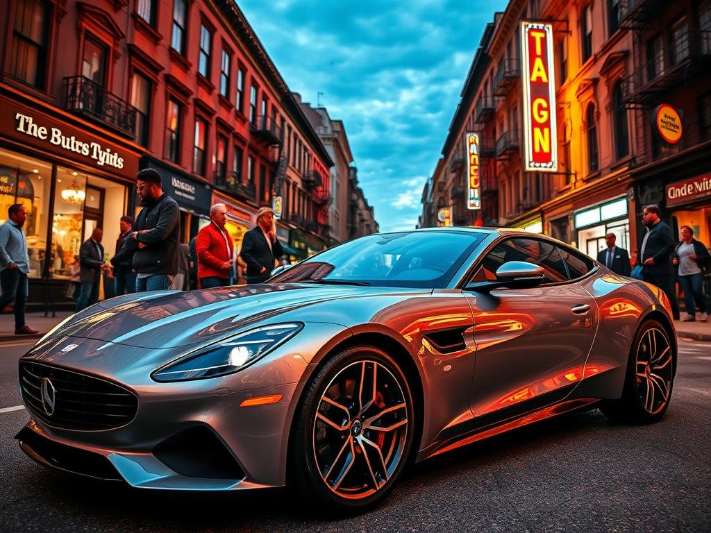 A vibrant urban scene showcasing car culture in New York City, focused on a sleek, modern car, referred to as a "whip." The foreground features the car parked confidently on a bustling street, with its polished surface reflecting the neon lights of nearby shops. In the middle ground, diverse individuals, dressed in stylish casual attire, discuss and admire the car, embodying the city's passion for automotive culture. The background reveals iconic NYC architecture, including brownstone buildings and street art, under a twilight sky. The lighting is dynamic, with a mix of warm and cool tones creating an energetic yet inviting atmosphere. The angle is slightly low, emphasizing the car's sleek lines and capturing the essence of urban life.