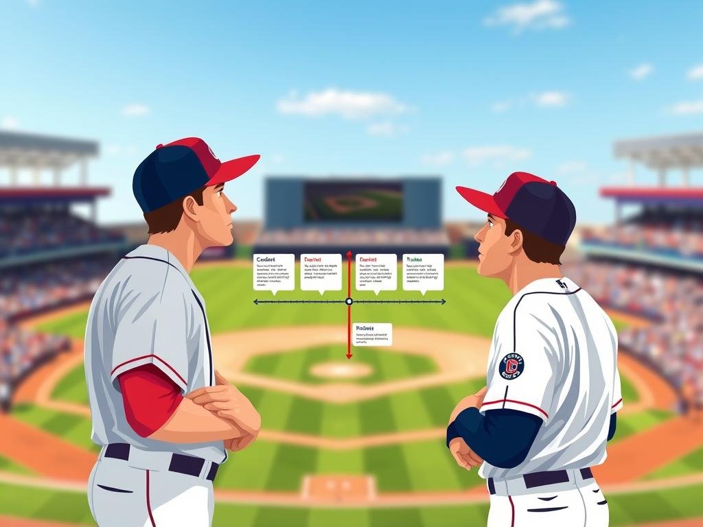 A visually engaging and informative illustration of a "Twins Reset and Decision Timeline," featuring stylized representations of two baseball twins juxtaposed against a backdrop of a baseball field. In the foreground, the twins are depicted in professional baseball attire, thoughtfully looking towards a timeline graphic. The middle section showcases a vibrant timeline with key decision points represented by icons like contracts, trades, and player profiles. The background should feature a blurred baseball stadium filled with cheering fans under clear blue skies, capturing the essence of hope and excitement. Soft natural lighting enhances the atmosphere, giving the scene a dynamic and motivational feel. Capture from a slightly elevated angle for a comprehensive view, aiming for a fresh and invigorating ambiance without any text or overlays.