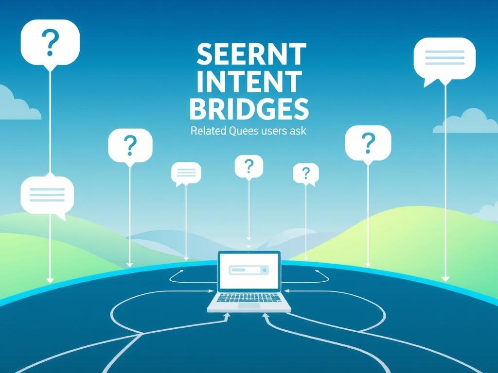 A visually engaging infographic representing "Search Intent Bridges: Related Queries Users Ask." In the foreground, display interconnected arrows and pathways, each leading to distinct question bubbles that visually symbolize user queries. In the middle ground, incorporate thematic elements like a laptop and search bar, subtly indicating digital exploration. The background should feature a stylized landscape of a digital world, with soft gradients of blue and green, evoking a sense of curiosity and exploration. Use bright, clear lighting to highlight key elements, and employ a slightly tilted top-down angle for a dynamic perspective. The overall mood should be informative yet inviting, encouraging viewers to dive into the topic. Ensure no text, captions, or branding is present.