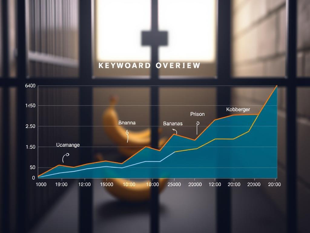 A visually engaging infographic-style image representing the keyword overview and current search interest for "Bryan Kohberger." In the foreground, display a clean line graph showcasing search trends over time, using vibrant colors to illustrate increases in interest. In the middle, incorporate relevant keywords like "Kohberger," "Prison," and "Bananas," arranged creatively around the graph with small icons representing search engines. In the background, softly blend a subtle, blurred image of a prison setting, with natural light filtering through bars, creating an atmosphere of intrigue and curiosity. The overall mood should be professional and informative, with a clear focus on data visualization, all set at a slight angle to give depth to the composition.