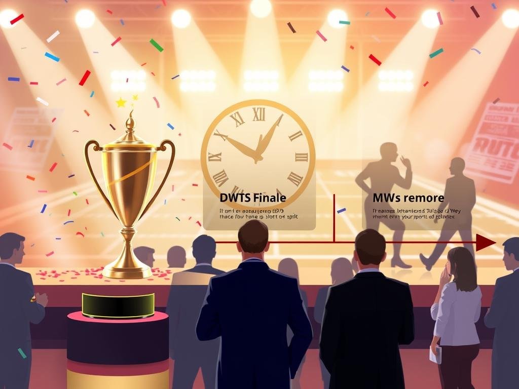 A visually engaging timeline illustration representing three key events: the DWTS Finale, the news of a split, and ensuing Giants rumors. In the foreground, an elegant representation of a trophy symbolizing a dance competition finale, surrounded by vibrant confetti. The middle layer features an abstract clock or calendar, with notable dates highlighted, suggesting the progression of time. In the background, subtly faded silhouettes of a football field and a newspaper to hint at sports rumors. The lighting is bright and celebratory, conveying a mixture of excitement and anticipation, with a warm color palette. The scene is dynamic, inviting viewers to reflect on the journey from glitz and glamour to heartfelt news and speculative sports chatter. Professional attire is depicted on any human figures, ensuring a polished, SFW presentation. A visually engaging timeline illustration representing three key events: the DWTS Finale, the news of a split, and ensuing Giants rumors. In the foreground, an elegant representation of a trophy symbolizing a dance competition finale, surrounded by vibrant confetti. The middle layer features an abstract clock or calendar, with notable dates highlighted, suggesting the progression of time. In the background, subtly faded silhouettes of a football field and a newspaper to hint at sports rumors. The lighting is bright and celebratory, conveying a mixture of excitement and anticipation, with a warm color palette. The scene is dynamic, inviting viewers to reflect on the journey from glitz and glamour to heartfelt news and speculative sports chatter. Professional attire is depicted on any human figures, ensuring a polished, SFW presentation.