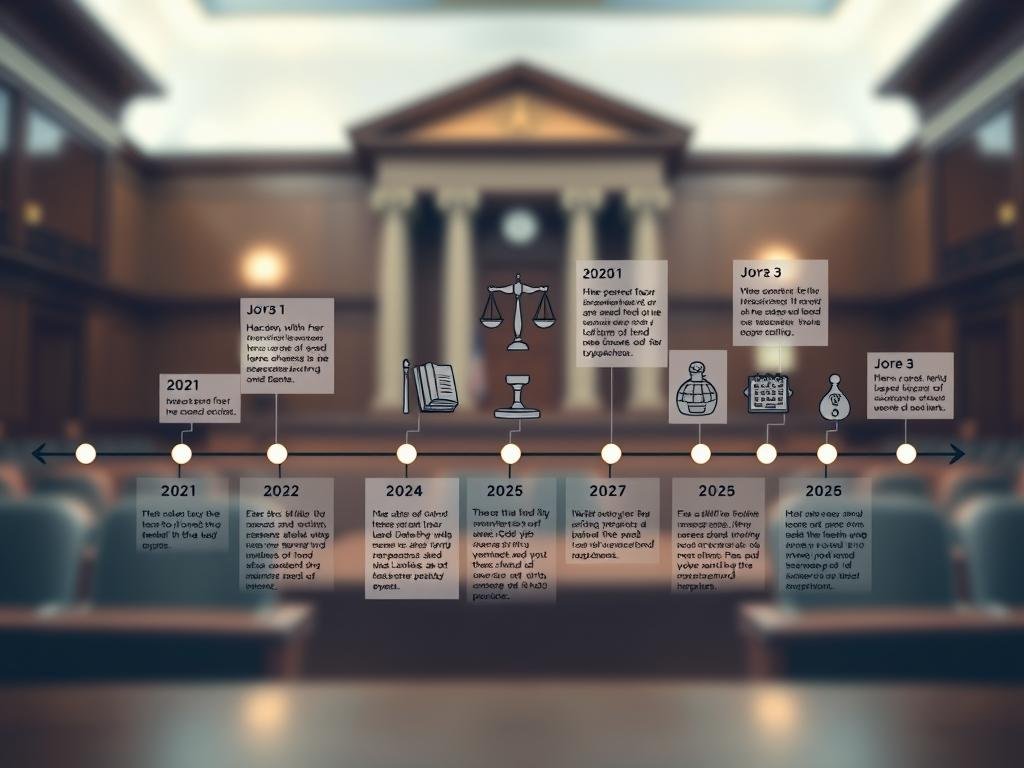 A visually engaging timeline illustration that maps significant events from the 2021 incident to the 2025 verdict. In the foreground, a clean, organized layout with visually distinct chronological markers, each representing key dates and events. The middle layer showcases stylized, minimalist icons symbolizing legal elements such as gavel, scales of justice, and calendar. In the background, a blurred courtroom scene, emphasizing the gravity of the legal proceedings, with soft lighting to create a serious yet informative atmosphere. The color palette consists of muted blues and grays, evoking a professional mood. The image is designed for an article context, emphasizing clarity and a structured design without any textual elements. Aim for a dramatic angle, perhaps a slightly overhead view to encapsulate the timeline's progression visually.