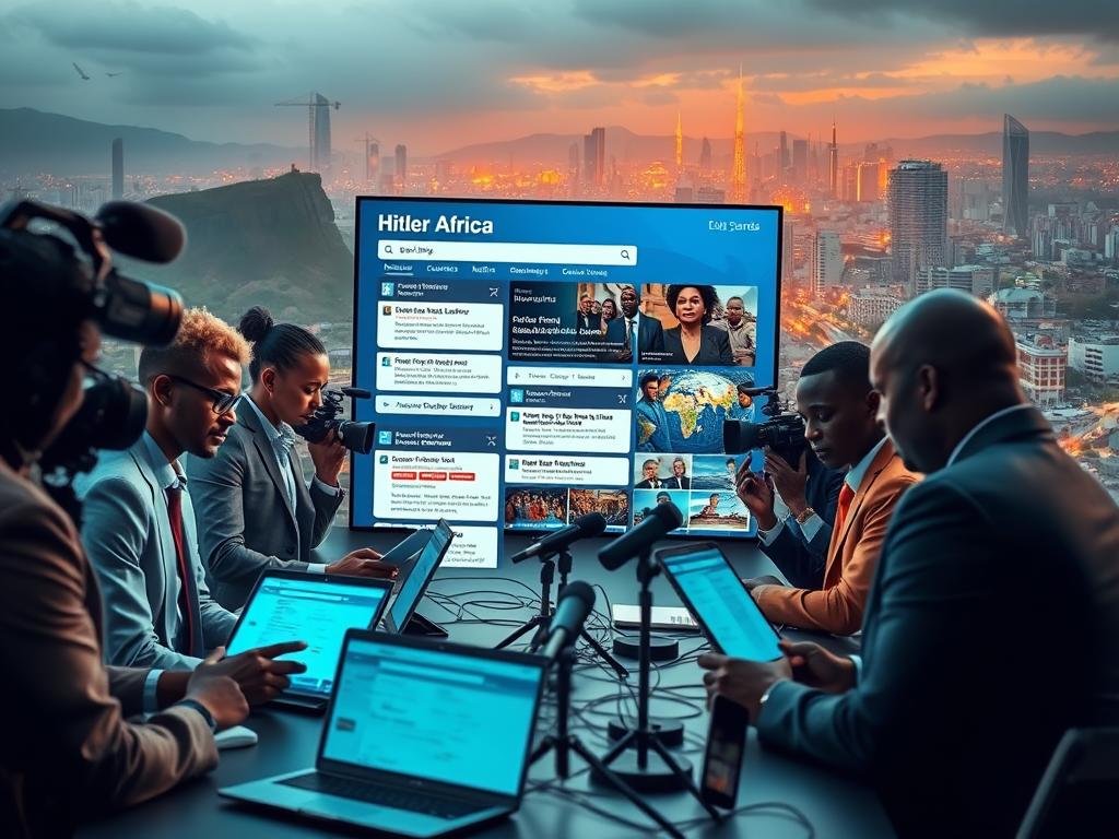 A visually striking depiction of media coverage and search trends focused on the themes "Hitler Africa" and "Namibian Hitler." In the foreground, include a diverse group of journalists in professional attire, intently analyzing data on laptops and tablets, surrounded by cameras and microphones. In the middle ground, show a large digital display featuring fluctuating search trends and headline snippets, with a blend of African motifs to signify the regional context. In the background, construct a stylized cityscape of Southern Africa, featuring recognizable landmarks and an atmosphere of urgency, with dramatic lighting to reflect the tension of the subject matter. Use a wide-angle lens perspective to capture the scene's depth and keep the overall mood serious yet dynamic.