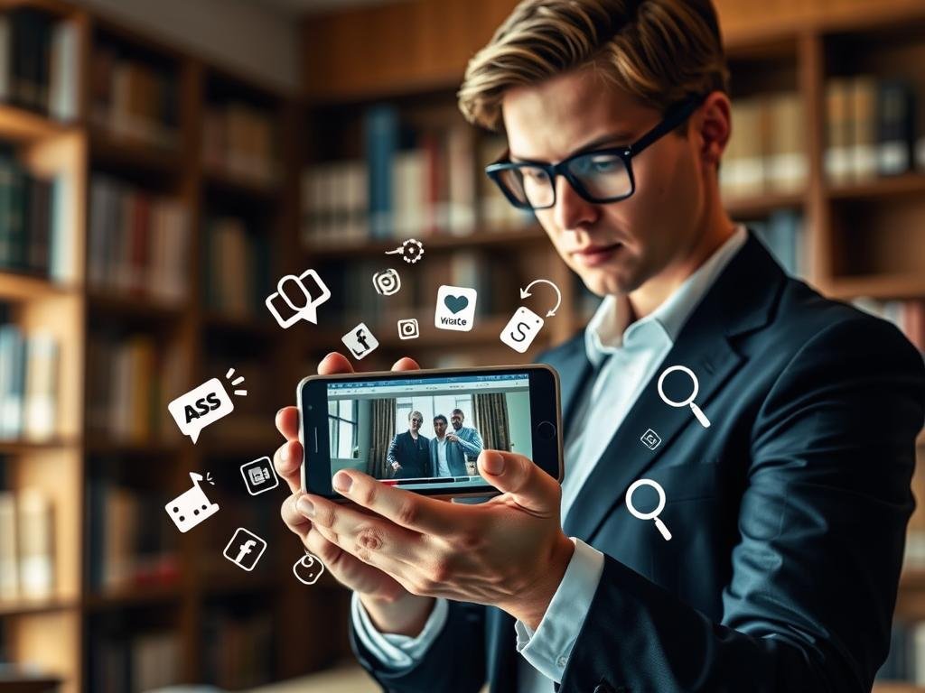 A visually striking image illustrating the concept of "Best Practices for Readers: How to Spot Edited Clips and False Claims." In the foreground, a professional-looking reader, dressed in business attire, attentively examines a smartphone displaying a video clip with distorted frames and visual glitches. In the middle ground, a collection of digital icons representing social media platforms, magnifying glasses, and fact-check symbols are scattered artistically around the reader, enhancing the theme of scrutiny and analysis. In the background, a blurred library or study setting evokes an atmosphere of research and discernment. Soft, natural lighting filters through a window, creating an inviting yet serious mood, while a shallow depth of field draws attention to the reader’s focused expression.