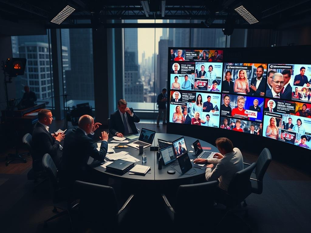 A visually striking representation of media polarization, featuring a newsroom split down the middle. On one side, a tense atmosphere with a group of journalists, dressed in professional business attire, furiously debating around a large round table cluttered with papers and laptops. Dim lighting creates shadows that heighten the intensity of their expressions. On the opposite side, a vibrant social media scene comes alive with colorful feeds projected on screens, depicting trending hashtags and viral posts accompanied by animated reactions. The background shows a blurred city skyline, symbolizing the broader impact of media. Use a wide-angle lens to capture the contrasting dynamics between traditional journalism and modern social media, evoking a mood of urgency and division amidst the cacophony of opinions.