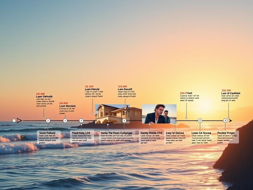 A visually striking timeline illustration depicting key moments in the journey of a luxurious Malibu home. The foreground features a series of elegantly designed timeline markers, each representing a milestone—like loan defaults and property transactions—styled as modern, minimalist icons. In the middle ground, soft, watercolor-like images of the Malibu home itself, showcasing its stunning coastal architecture against the backdrop of shimmering ocean waves. The background portrays a sunsetting sky, casting warm, golden light that creates a tranquil yet dramatic atmosphere. The angle should be slightly elevated, offering a comprehensive view of how each event is connected, with gentle gradients in color transitions mimicking the passage of time. The overall mood should evoke a sense of urgency and elegance, reflecting the home’s high-profile connection and challenges.