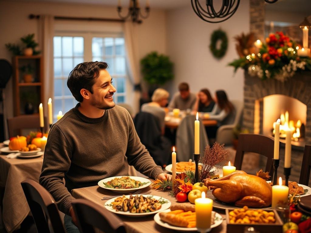 A warm and inviting Thanksgiving setting featuring a beautifully decorated dining table laid with a traditional feast, including a golden-brown turkey, vibrant vegetables, and autumnal centerpieces. In the foreground, two figures—a man and a woman—dressed in modest casual clothing, smile warmly at each other, evoking a sense of connection and camaraderie amidst a backdrop of soft, golden candlelight. In the middle ground, family and friends are gathered around the table, sharing moments of laughter and joy, creating an atmosphere of warmth and togetherness. The background showcases a cozy living room adorned with seasonal decorations and a crackling fireplace, enhancing the mood of comfort and home. Soft, diffused lighting creates an inviting glow, capturing the essence of a cherished holiday gathering after a year of rumors and speculation.