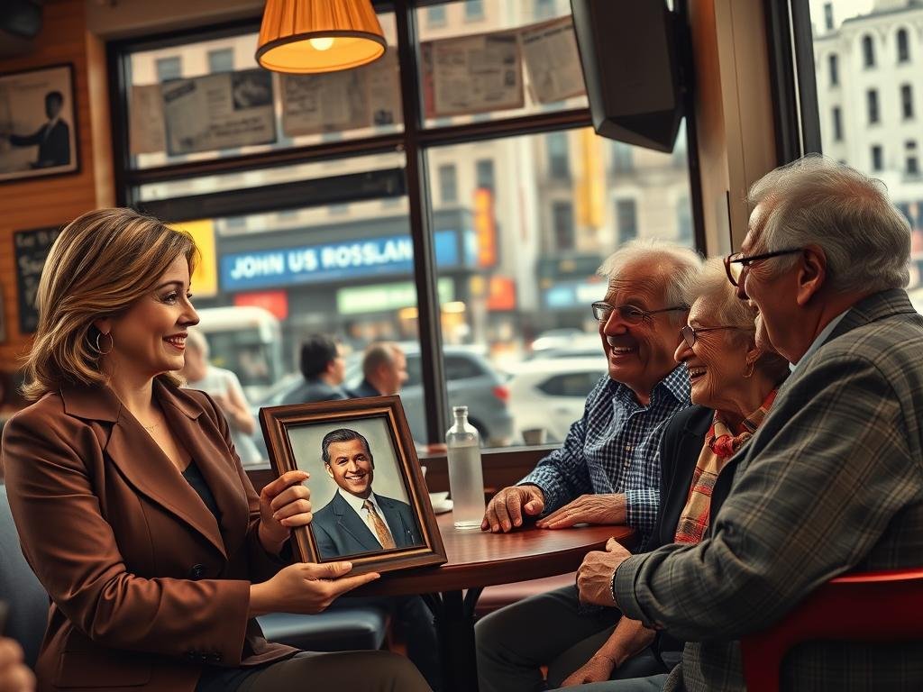 A warm and nostalgic scene depicting a group of diverse New Yorkers gathered in a cozy urban café, reminiscing about John Roland, a beloved FOX 5 news anchor, who is portrayed in their memories. In the foreground, a middle-aged woman in professional attire holds a framed photo of John Roland, looking fondly at it. Nearby, a man in a casual button-down shirt shares a laugh with an elderly couple, who are animatedly discussing their favorite moments from the news anchor's career. The café is filled with soft, warm lighting, and the walls are adorned with vintage news clippings and photographs. In the background, a large window reveals a bustling New York street, capturing the city's essence. The mood is reflective and heartfelt, highlighting the impact of a trusted voice in their lives.