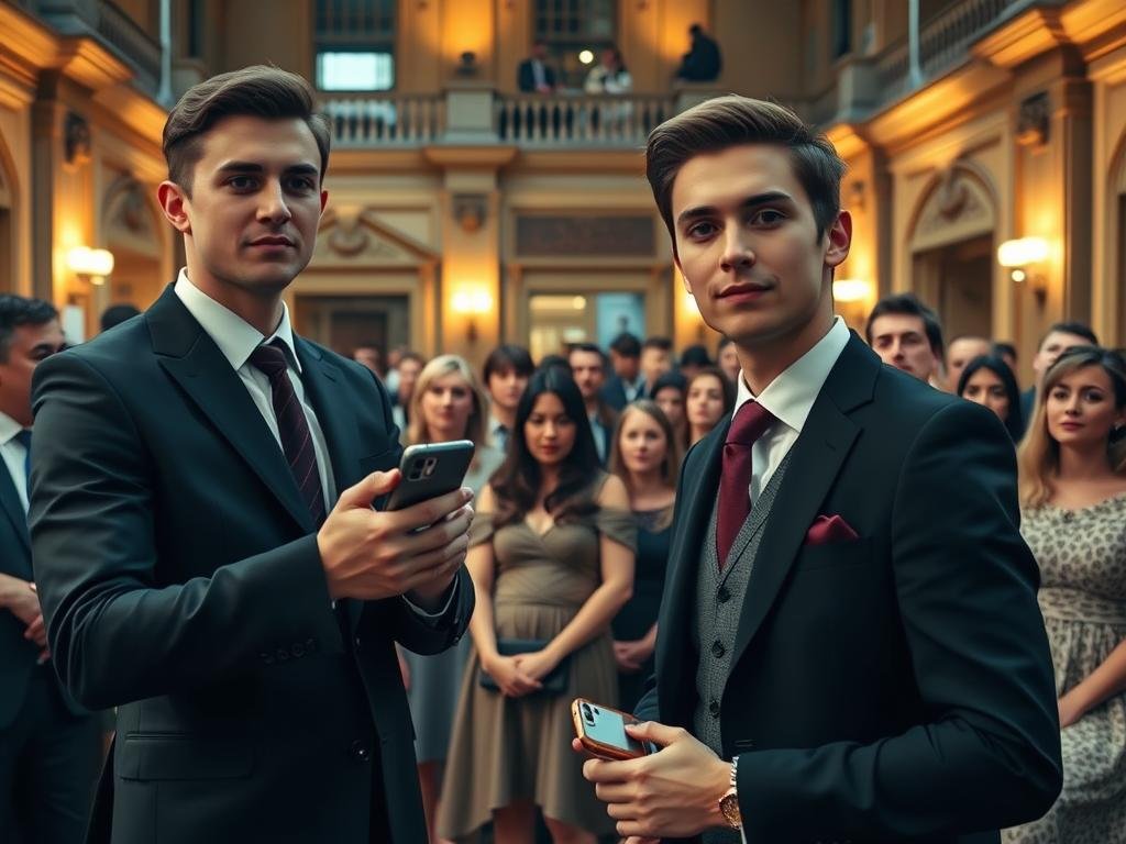 A well-dressed young man resembling Charlie Kirk stands confidently in the foreground, engaged in filming a video. He holds a smartphone or camera, capturing the moment with an earnest expression. In the middle ground, a small group of elegantly dressed audience members at an event watches attentively, some with thoughtful expressions, while others may show signs of surprise or contemplation. The background features the ornate architecture of the Oxford Union, showcasing its historical details, with warm, ambient lighting casting a soft glow, suggesting an atmosphere of reflection. The scene is shot at eye level, capturing the surrounding audience's reactions and lending an immersive depth to the moment.