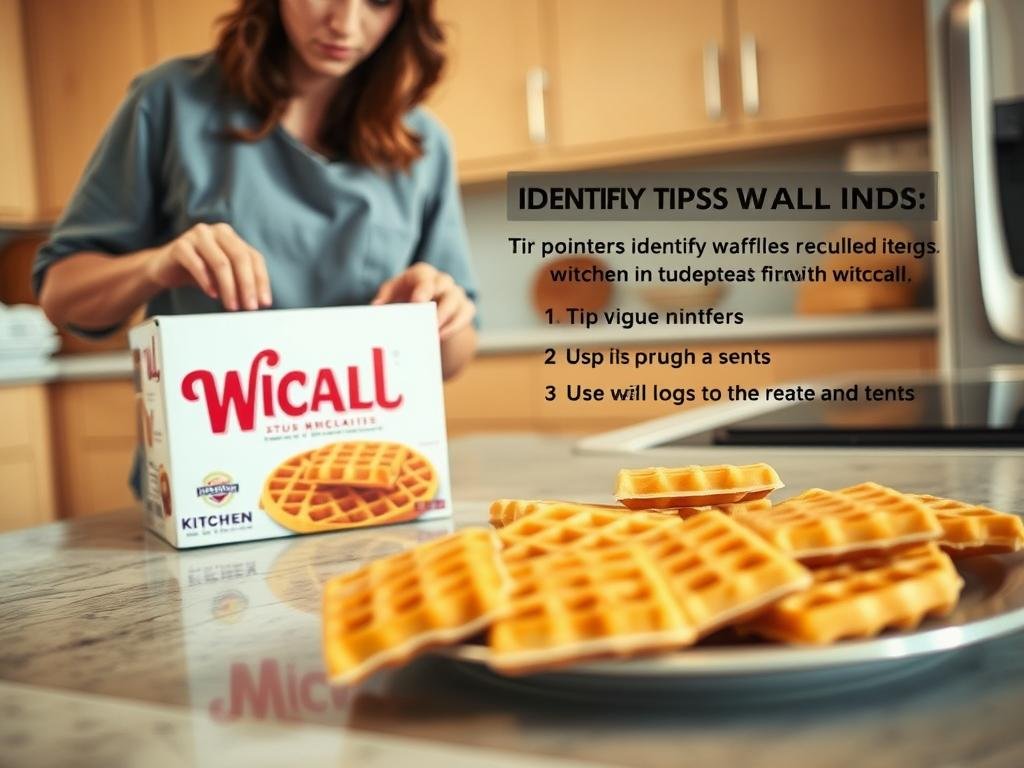 A well-organized kitchen countertop features a close-up view of a frozen waffle box being inspected. In the foreground, a person wearing modest casual clothing checks the packaging, focusing on the product label for recall information. The box showcases eye-catching visual details such as the brand name and a bold “Recall” notice. In the middle ground, several scattered waffles are placed on a plate to the side, with a list of tip pointers about identifying recalled items subtly blurred in the background. The setting is warmly lit, conveying a reassuring atmosphere. Use a standard lens for a natural perspective, emphasizing clarity on the box details while keeping a clean, organized kitchen space around.