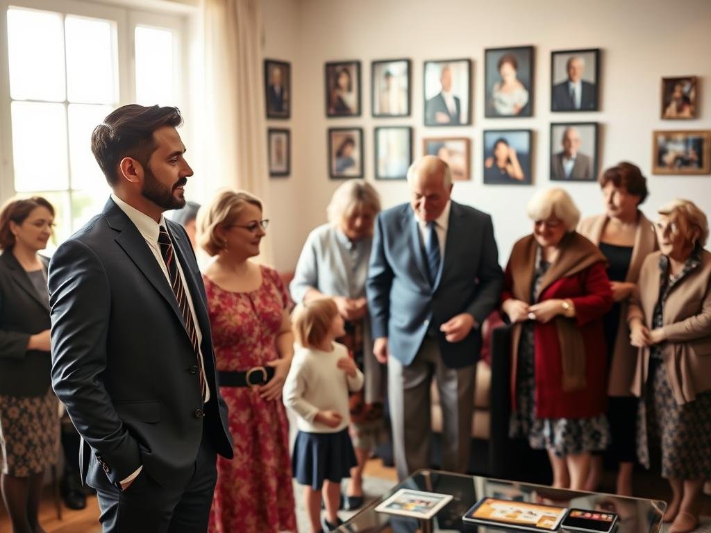 An elegant family gathering in a warmly lit room, showcasing diverse relatives of Luigi Mangione, representing various stages of life. In the foreground, a middle-aged couple dressed in professional business attire looks proudly at their children, who are casually yet modestly dressed, engaging in animated conversation. The middle ground features elderly relatives sharing stories, exuding wisdom and warmth. The background reveals family photos hanging on the light-colored walls, symbolizing strong family ties and history. Soft, natural light filters through large windows, casting a welcoming glow throughout the scene, creating a mood of love and connection. The composition is balanced, shot from a slight angle for a dynamic feel, conveying a sense of warmth and intimacy that illustrates family bonds.