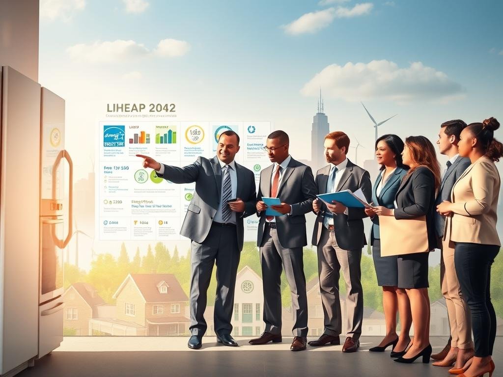 An informative scene depicting the LIHEAP program and ENERGY STAR initiatives in New York, showcasing a diverse group of professionals in business attire discussing energy solutions. In the foreground, a consultant points to a large energy-efficient appliance, while a homeowner examines an ENERGY STAR label. The middle ground features a detailed infographic mural highlighting benefits of LIHEAP and ENERGY STAR, surrounded by energy-efficient homes. In the background, a skyline of New York with solar panels and wind turbines hints at green initiatives. Soft, natural lighting floods the scene, conveying a sense of optimism and responsibility toward energy efficiency. The overall mood is collaborative and forward-thinking, emphasizing the intersection of energy policy and affordability challenges.