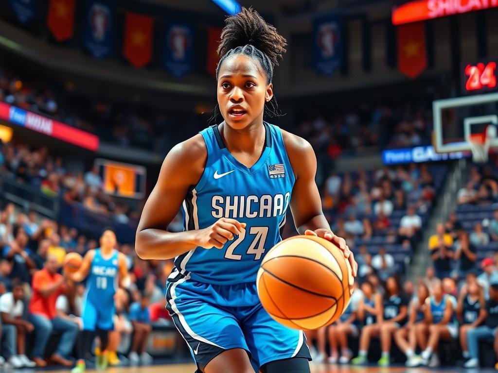 Angel Reese, a skilled WNBA player, confidently dribbling a basketball during her breakout game with the Chicago Sky. She is wearing the team's vibrant blue and white uniform, showcasing her athletic physique and determination. In the foreground, focus on her intense expression, highlighting her concentration and passion for the game. The middle ground features teammates cheering her on, creating a sense of camaraderie and excitement. In the background, the packed basketball arena is filled with enthusiastic fans, with colorful banners and team merchandise. The lighting is bright, emphasizing the action on the court, while giving the scene a dynamic and energetic atmosphere. Capture the moment from a slightly low angle to accentuate her prowess and the intensity of the game.