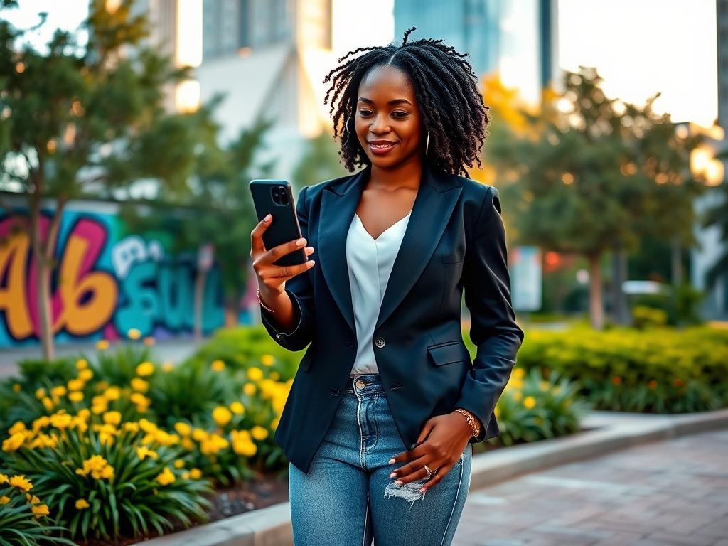 Angel Reese, a young African American woman, stands confidently in a vibrant urban park setting, exuding charisma and grace. She wears a stylish, modest outfit, a fitted black blazer over a white blouse, paired with trendy jeans and sneakers, radiating a casual yet professional vibe. In the foreground, she holds a smartphone, focused on capturing a candid moment for her Instagram profile. The middle ground features a backdrop of colorful murals and cheerful greenery, suggesting a lively social media atmosphere. Soft, golden hour lighting enhances her natural glow, casting gentle shadows and creating a warm, inviting atmosphere. The image is framed with a slight upward angle, showcasing her relaxed demeanor and the dynamic energy of her environment. Overall, the mood is upbeat and engaging, reflecting the pulse of social media culture.