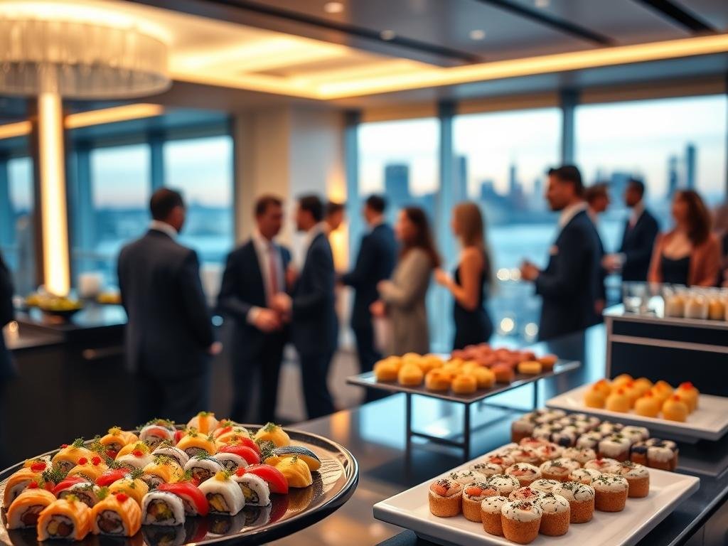 In a sophisticated event space at the JPMorgan Chase HQ in New York City, an elegant buffet displays an exquisite fusion of British and Japanese cuisine. The foreground features a beautifully arranged sushi platter with colorful nigiri and vibrant maki rolls, interspersed with traditional British nosh like mini Yorkshire puddings and savory pastries. In the middle ground, exquisitely dressed guests in professional business attire mingle, with soft lighting illuminating their engaged expressions and highlighting the culinary delights. The backdrop showcases sleek modern architecture and a large window revealing the NYC skyline at dusk, creating a warm and inviting atmosphere. The ambient lighting reflects a celebratory mood, with subtle bokeh effects enhancing the scene's elegance and sophistication.