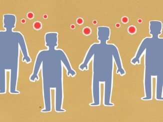 Paper cutout silhouette of men placed together surrounded by contagious spreading red viruses on brown background during dangerous coronavirus outbreak