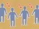 Paper cutout silhouette of men placed together surrounded by contagious spreading red viruses on brown background during dangerous coronavirus outbreak