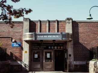 Front view of the historic Art Deco entrance to Broadway Junction Subway Station, New York City.