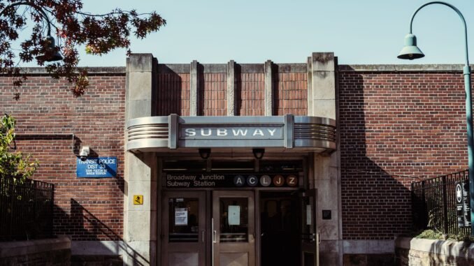 Front view of the historic Art Deco entrance to Broadway Junction Subway Station, New York City.